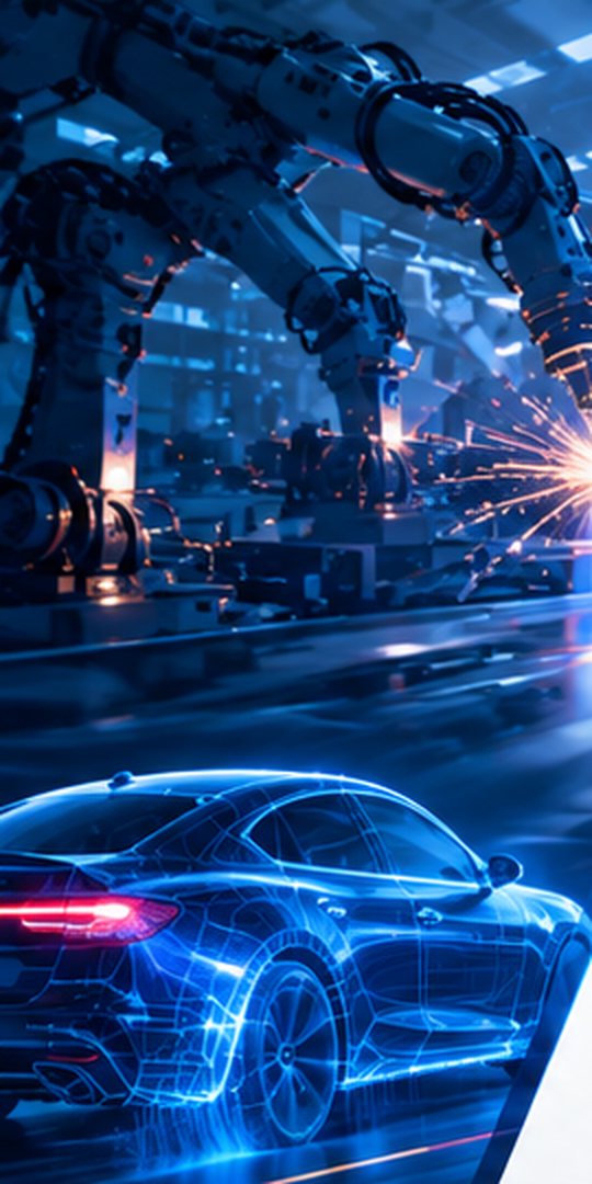 Línea de manufactura automotriz con robots de soldadura