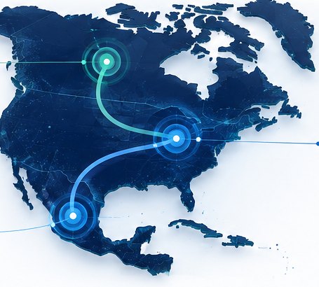 Mapa de Norteamérica con rutas entre Canadá, Estados Unidos y México